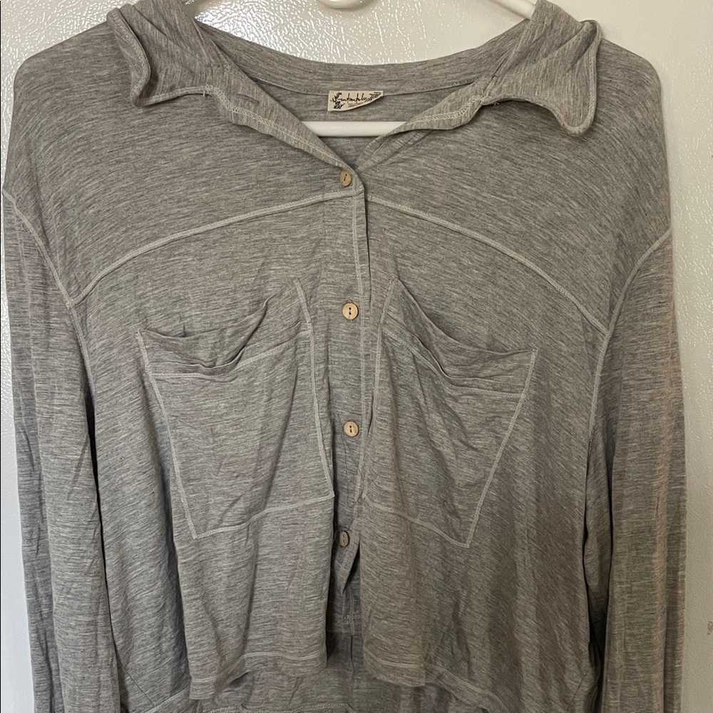 Free People Large Heather Gray Button-Down Crop Pajama Shirt
